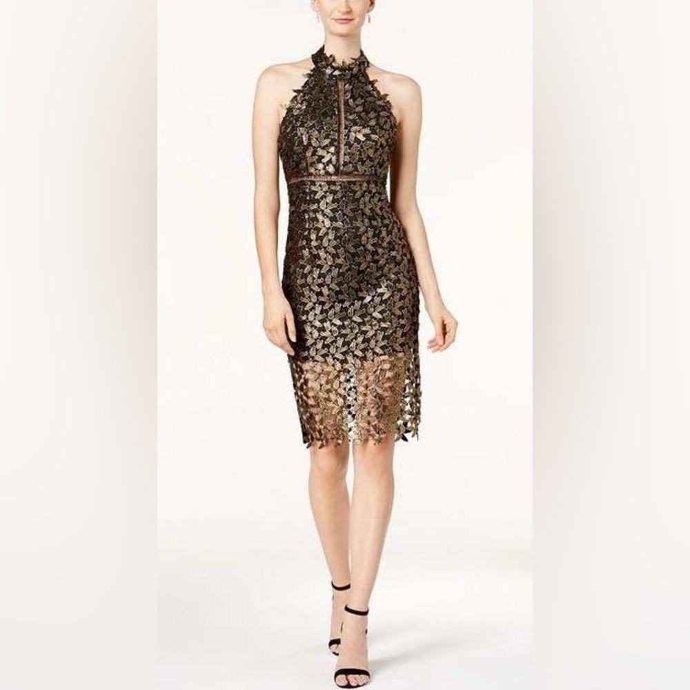 Bardot Gold Leaf Mock Neck Lace Illusion Dress Size Medium (8)